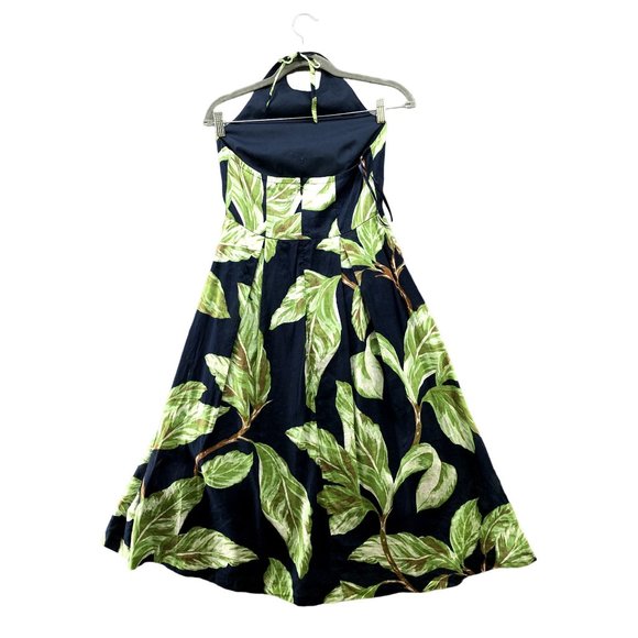 Ann Taylor Leaf Print Halter Dress Size 0 Fit Flare Pleated Blue Green Tropical - Picture 2 of 10